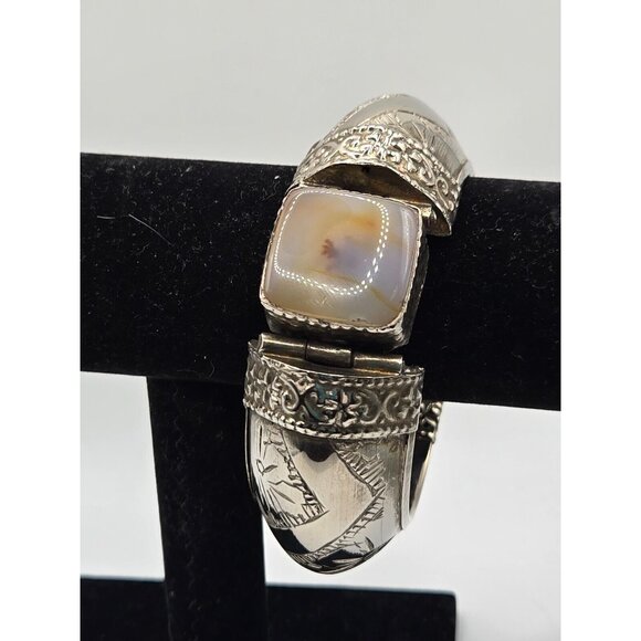 Vintage Chunky Tribal Engraved Silver Hinged Agate Cuff Bracelet Rare Incredible - Picture 11 of 12